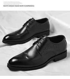 Detail of black leather brogue shoes featuring embossed crocodile texture and wingtip carvings
