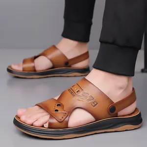 Men's brown leather outdoor sandals with non-slip soft sole and adjustable heel strap