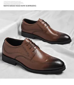 Detail of men's brown brogue shoes with crocodile pattern and gradient toe