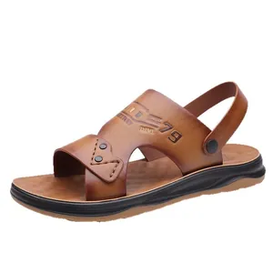 Men's brown leather beach sandals with adjustable heel strap and non-slip rubber sole