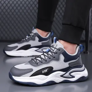 Breathable men's mesh running sneakers in grey and blue with VIR print and thick sole