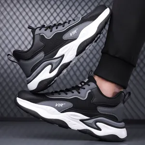 Men's breathable mesh sneakers in black gray white with wavy thick soles for running