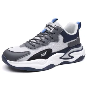 Men's breathable mesh sneakers with blue and grey accents on chunky white EVA sole