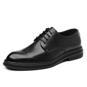 Classic black leather Derby dress shoes for men with sleek four-hole lace-up design