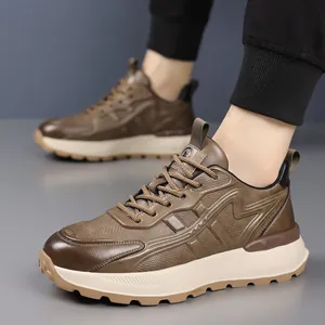 Retro thick-soled men's casual outdoor sneakers in dark brown leather with anti-slip grip