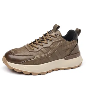 Brown retro chunky sneakers for men with faux snake skin texture and thick sole