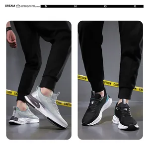 Dual view of breathable mesh running sneakers with thick cushioning soles in gray and black