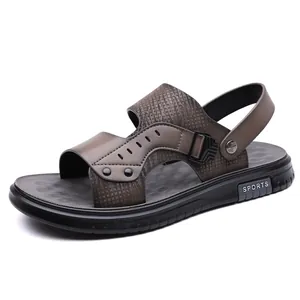 Sandali casual da uomo in pelle marrone con cinturini e suole sportive antiscivolo