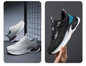 Detail of breathable knit mesh upper and thick cushioned midsole of men sports running shoes