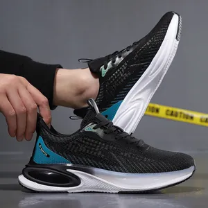 Men's lightweight breathable flyknit mesh sneakers in black with blue accents and white soles