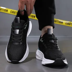 Men's breathable mesh running sneakers with lightweight white wave soles and black knits