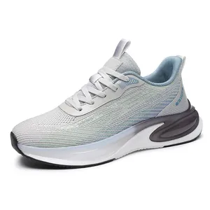 Breathable mesh running shoe in grey and light blue with thick cushioned white sole