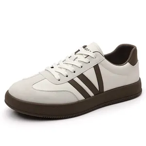 Heren casual leren sneakers in beige en bruin met ademende platte rubberen zool