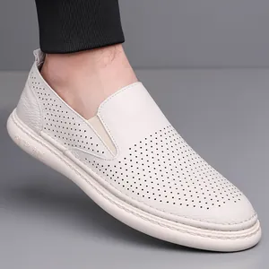 Men's breathable beige leather loafers with perforated design and soft slip-on sole