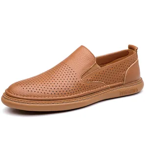Brown perforated genuine leather men's loafers with breathable slip-on design