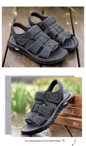 Detailansicht schwarzer Leder-Herrensandalen mit weißen Nähten und Klettverschluss
