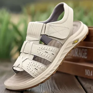Herren Erste Schicht Rindsleder Sandalen Atmungsaktiv Outdoor Strand Schuhe Mit Verstellbarem Klettverschluss Weiche Sohle