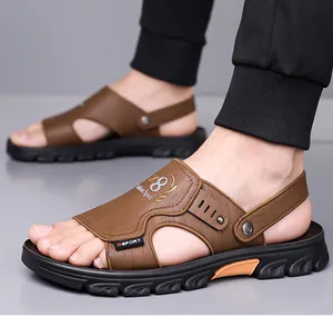 Detail of men's leather sandals with adjustable heel strap and thick non-slip rubber sole