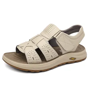 Herren Leder-Sandalen in Beige mit Klettverschluss und weicher Sohle für den Strand