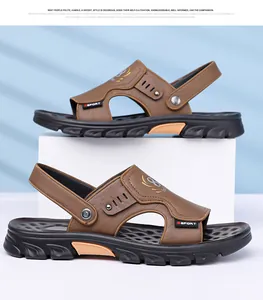 Detail of brown leather sandals with adjustable heel strap and SPORT decorative logo