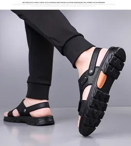 Close-up of black men's dual-use sandals featuring thick anti-slip soles and rivet details