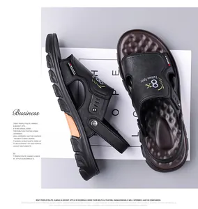 Detail of men's leather beach sandals with dual-wear rotating strap and massage footbed