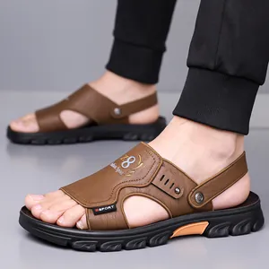 Men's sports leather sandals with thick rubber soles and orange accents in brown