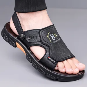 Men's casual leather beach sandals with latex cushion and thick rubber sole in black