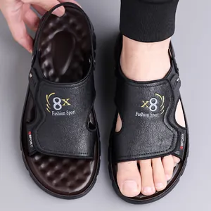 Men's dual-use black leather sandals with latex cushioning and non-slip beach sole