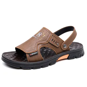 Brown leather men's sport sandals with latex padding and dual-wear heel strap