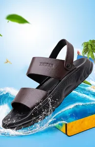 Detail of men's brown leather sandals with adjustable strap and non-slip sole