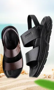 Close-up of lightweight dual-strap sandals with rotating heel straps in black and brown