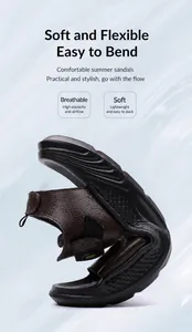 Detail of flexible brown leather men's sandal showing soft sole and easy bending design
