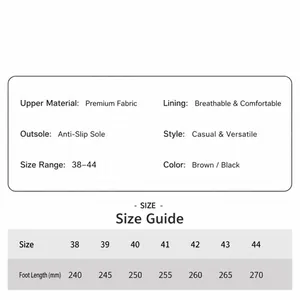 Size guide for men's summer beach sandals showing dimensions from size 38 to 44