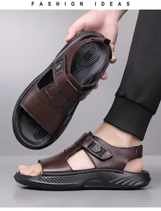 Detailed macro of dark brown lychee texture leather sandals with velcro strap and logo
