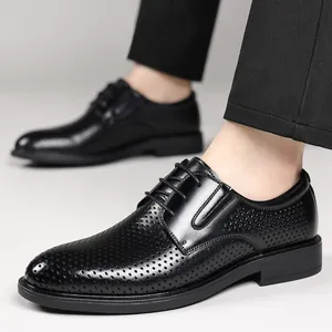 Men's black breathable perforated business leather shoes with lace-up oxford design