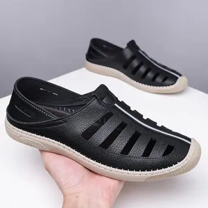 Sandales en cuir respirantes pour hommes avec motif litchi et semelle antidérapante