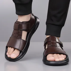 Men's brown leather gladiator sandals with platform sole and non-slip athletic design