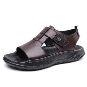 Men's brown leather gladiator sandals with platform sole and adjustable velcro straps