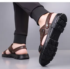 Detailed close-up of brown textured leather upper and thick anti-slip rubber sole