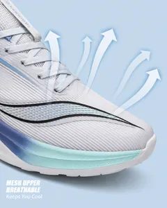 Close-up of breathable grey mesh fabric and gradient thick sole on running sneakers