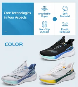 Detail showing breathable mesh upper, soft fabric, and anti-slip sole of running shoes