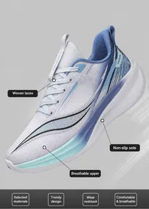 Detail of blue and white mesh running shoe featuring braided laces and breathable upper