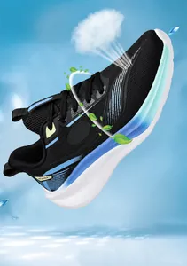 Breathable black mesh upper with blue gradient accents and thick cushioned white sole