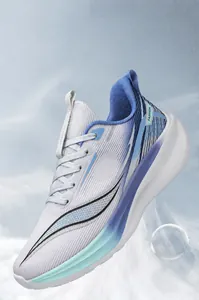 Macro shot of breathable gradient fabric upper on lightweight sport running shoes