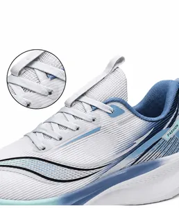 Detailed close-up showing the woven lace system on breathable blue and white mesh sneakers