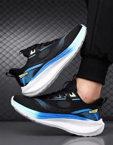 Close-up of breathable mesh running shoe featuring blue gradient and white cushioned sole