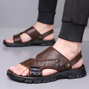 Men's brown leather beach sandals with thick anti-slip sole and breathable cross straps