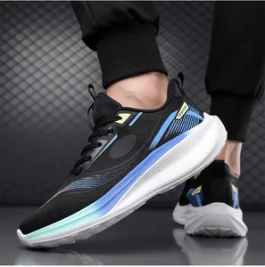 Detail view of breathable mesh men's running shoe with blue gradient stripes and thick white sole