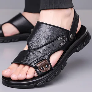 Men's black leather dual-use sandals with anti-slip thick rubber soles and metal buckles